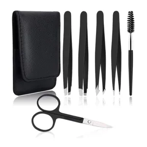 6-piece eyebrow tweezers set with curved scissors and brush for precise facial hair removal.