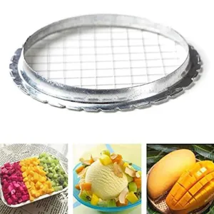 Stainless steel grid cutter detail showing wire mesh and fruit slicing usage scenes clearly.