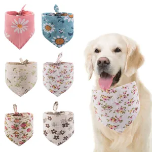 Bavoir pour Animal Imprimé Floral Coton Lin Chien Chat Écharpe Triangulaire Réglable Mignon Serviette de Salive Accessoires pour Animaux