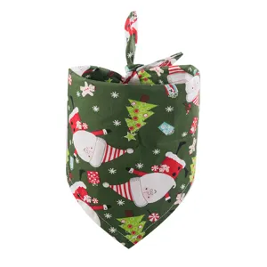 Christmas pet bandana for dogs and cats, green cotton triangular scarf with festive Santa.