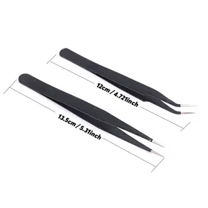 Stainless steel precision tweezers set, black anti-static craft tool for model building.