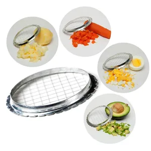 Stainless steel food dicer and egg slicer grid cutter for fruit vegetable salad preparation.