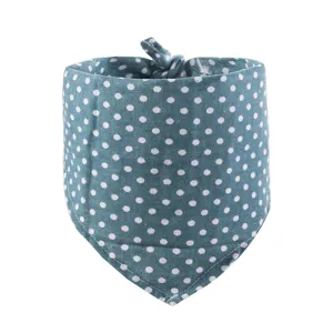 Gedetailleerde opname van de blauw-witte polkadot huisdierenbandana van zacht katoen.