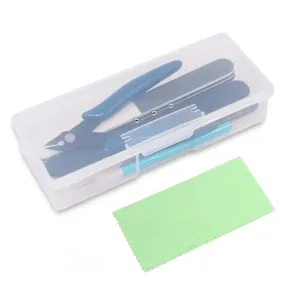 Model making tool set detail, featuring plastic storage case and essential hobby tools.