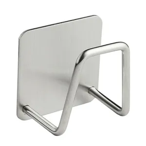 Stainless steel sponge holder detail view, kitchen sink caddy for dish cloth and scrub brush.