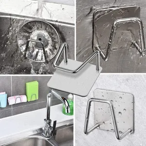 Stainless steel kitchen sponge holder drain rack detail view showing sink and wall mounting options.