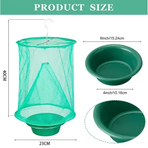 Detailed view of foldable hanging fly trap with mesh body and bottom bait bowl, size marked.
