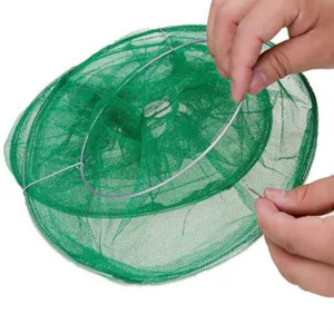 Collapsible green mesh fly trap cage detail, portable outdoor hanging insect catcher tool.