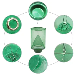 Foldable hanging fly trap with mesh screen and bait bowl details for outdoor pest control.