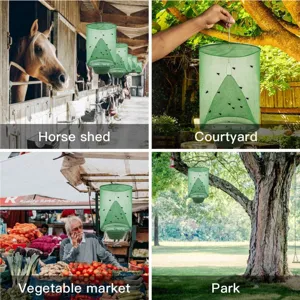 Hanging mesh fly trap displayed in multiple outdoor scenarios like courtyard and shed.