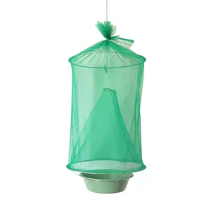 Detailed view of the foldable hanging fly trap with green mesh and basin for pest control.