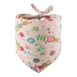 Cute cartoon rabbit print cotton linen pet bandana, soft adjustable dog cat bib scarf.
