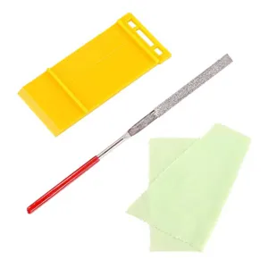 Gundam modeler tool set detail view showing diamond file, plastic base and cleaning cloth.