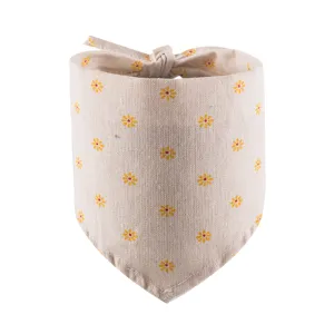 Cute cotton linen pet bandana with yellow daisy print for dogs and cats scarf collar.