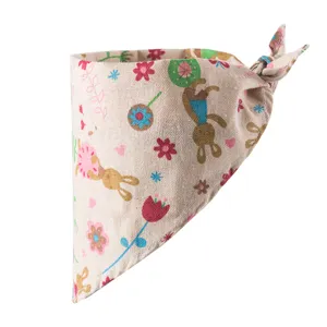 Cartoon rabbit print linen pet bandana detail, breathable fabric scarf for cats and dogs.