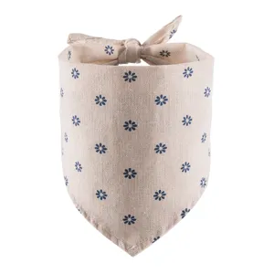 Pet bandana detail shot, beige cotton linen with blue daisy print, cute neckerchief.