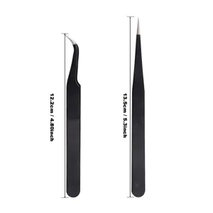 Precision model tweezers set detail view showing curved and straight tweezers with dimensions.