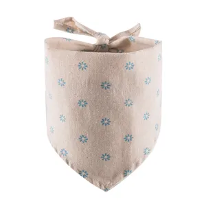 Cute pet bandana with daisy print cotton linen fabric for dog and cat detail view