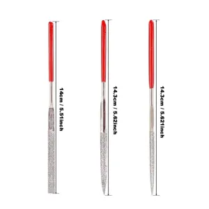 Model making diamond needle file set with red handle, precision tool detail display.