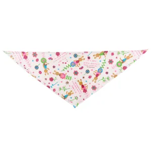 Close-up detail of the cute cartoon rabbit printed cotton linen pet bandana, soft fabric.