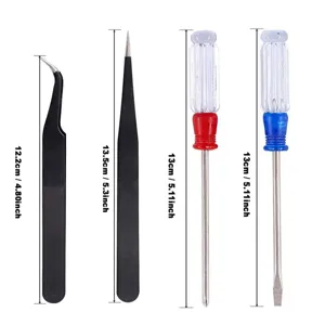 Model repair tool set detail view showcasing curved and straight tweezers and screwdrivers.
