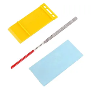 Detail view of miniature hobby model diamond file tool set with cleaning cloth and box.