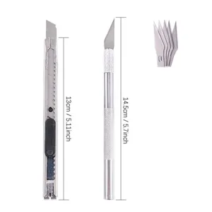 Detailed view of precision craft knife and utility knife blades set with dimension specs.
