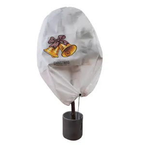 Non-woven plant frost protection cover with Christmas bell print, winter tree jacket.