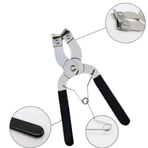 Close-up details showing the precision jaw and spring mechanism of piston ring pliers.