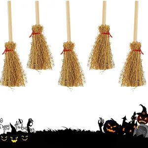 Halloween Mini Broom Pendant Witch Broomstick Toy Accessory Wood Grass Hanging Ornament For Party Holiday Decoration