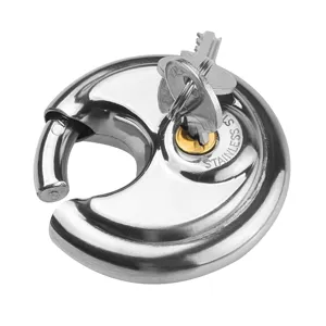 Heavy duty stainless steel disc padlock with keys secure anti theft warehouse door lock.