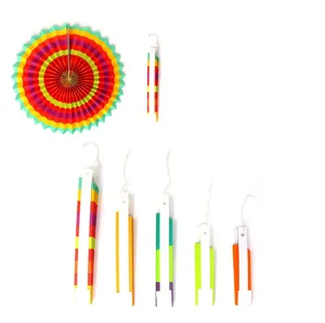 Detailed view of colorful Mexican party paper fan decorations, folded and unfolded variants.