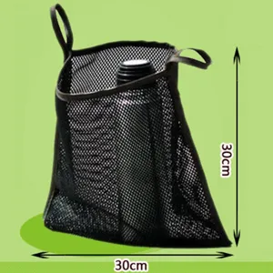 Detail of black stroller mesh hanging bag, lightweight pram storage pocket showing 30cm size.