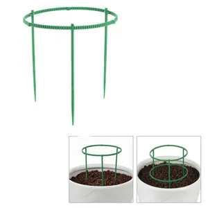Green plastic plant support stake adjustable flower pot cage for potted plants garden use.