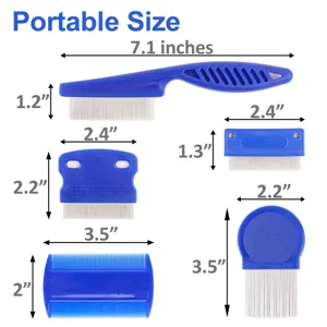 Detailed view of the 6-piece blue pet flea comb set with stainless steel fine teeth.
