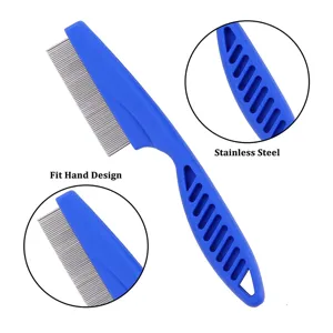 Pet flea comb with fine stainless steel teeth and ergonomic blue plastic handle design.