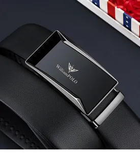 Men's genuine leather automatic buckle business casual dress belt with metal clasp.