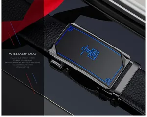 Detailed view of men's leather automatic buckle belt with sleek metal hardware and black strap.