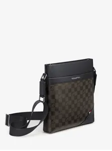 Detail geruite lederen schoudertas voor heren, premium zwarte rundlederen crossbody tas.
