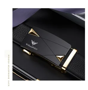Cintura in pelle da uomo con fibbia automatica, design geometrico nero e finitura elegante.