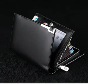 Portefeuille court homme en cuir noir avec poche monnaie zippée et multiples cartes detail