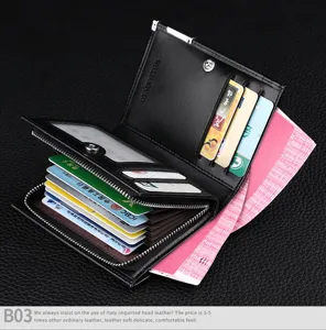 Portefeuille court en cuir véritable pour homme porte-cartes multifonction noir