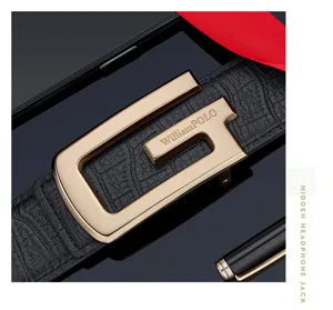 Close-up of luxury leather belt with gold tone G buckle, premium black embossed cowhide strap detail.