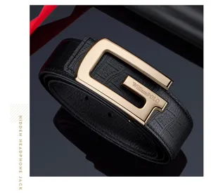 Men's genuine leather automatic buckle belt with stylish metal G-buckle for business daily wear.