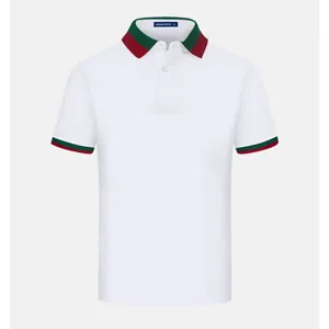 Men's short sleeve polo shirt casual white top with striped collar and cuffs for summer.