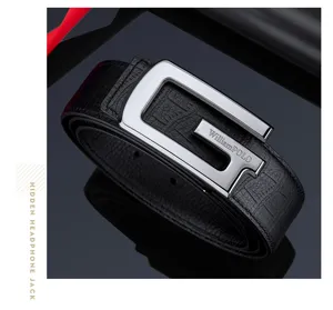 Detailed view of WilliamPOLO mens genuine leather belt with a stylish silver G buckle.