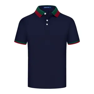 Men's short sleeve polo shirt navy blue business casual summer top front view studio shot