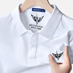 White men's short sleeve polo shirt with classic lapel collar and detailed chest embroidery.