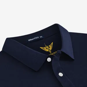 Men's navy blue polo shirt with classic lapel design, short sleeves, business casual style.