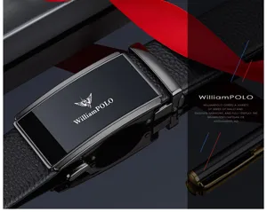 Men's leather belt detail view featuring a sleek automatic metal buckle and classic black strap.